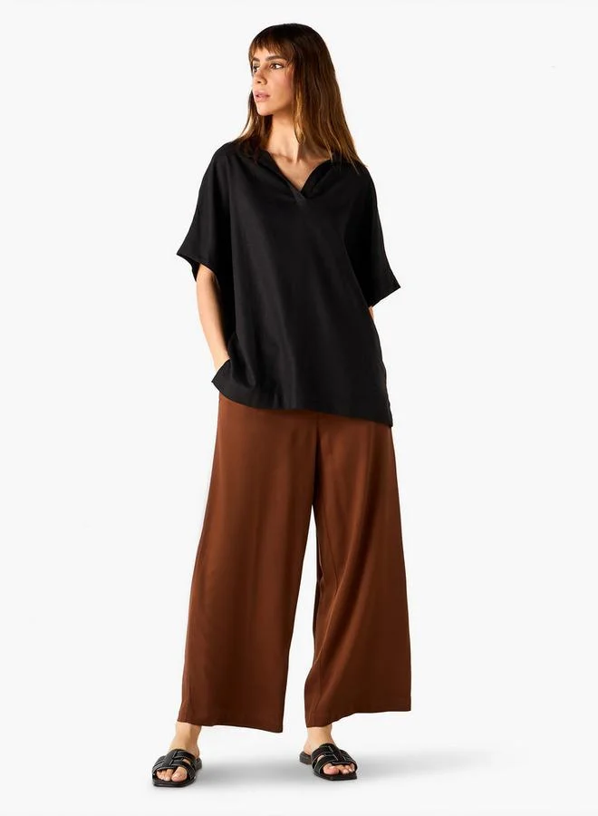 Splash FAV Regular Fit Linen Blend Collared Top with Extended Sleeves