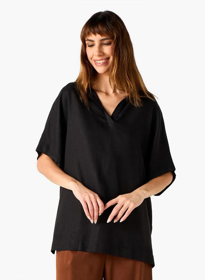 Splash FAV Regular Fit Linen Blend Collared Top with Extended Sleeves