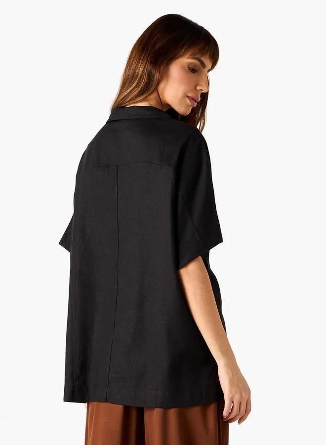 Splash FAV  Regular Fit Linen Blend Collared Top with Extended Sleeves for Women | Best Price UAE