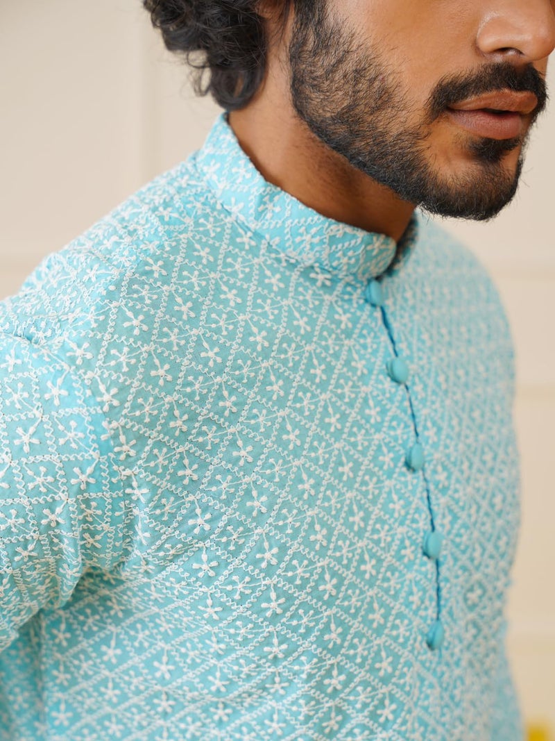 Jompers Men Chikankari Embroidered Cotton Kurta with Mandarin Neck - Image 5