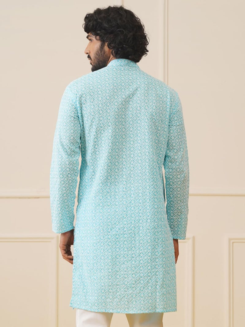 Jompers Men Chikankari Embroidered Cotton Kurta with Mandarin Neck - Image 2