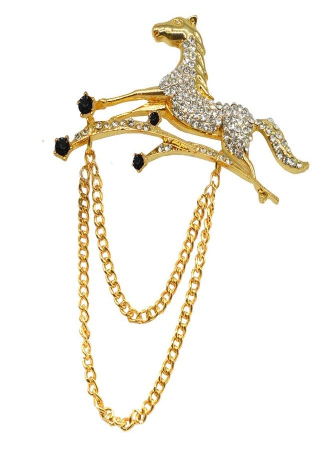 Sullery Elegant Gold Tone Runing Horse Rhinestone Chain Brooch - Image 3