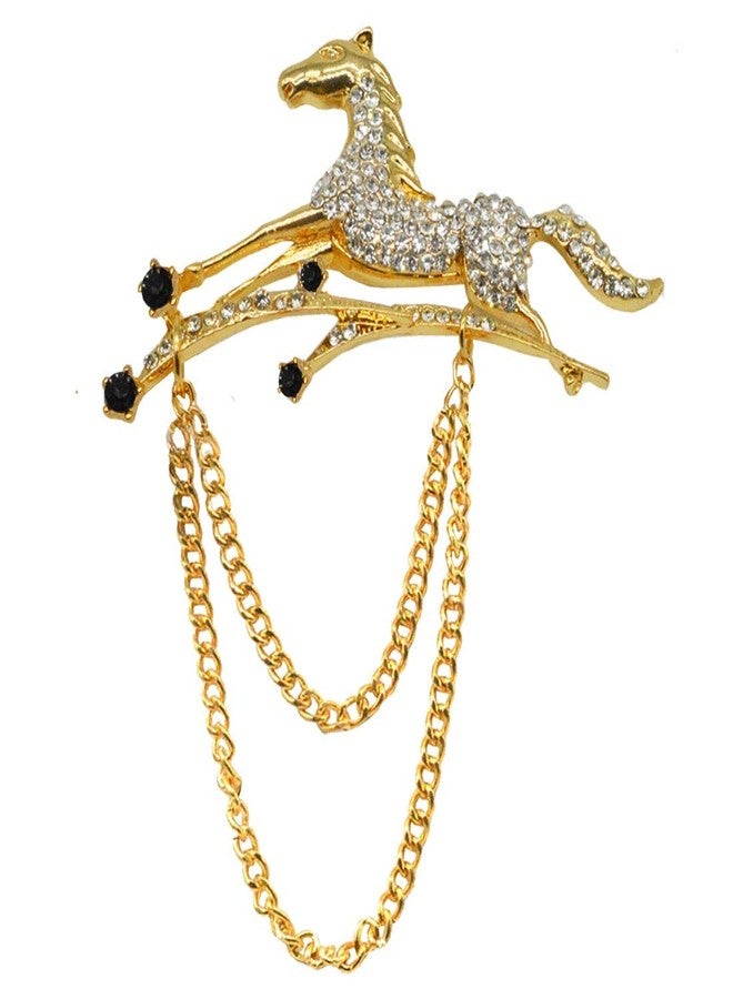Sullery Elegant Gold Tone Runing Horse Rhinestone Chain Brooch - Image 1