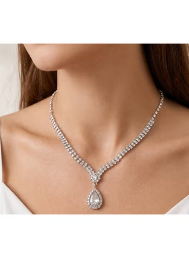 veya Women’s Silver-Tone Jewelry Set with Elegant Teardrop Design – Necklace and Earrings with Crystal-Look Details for Parties & Special Occasions - Image 5