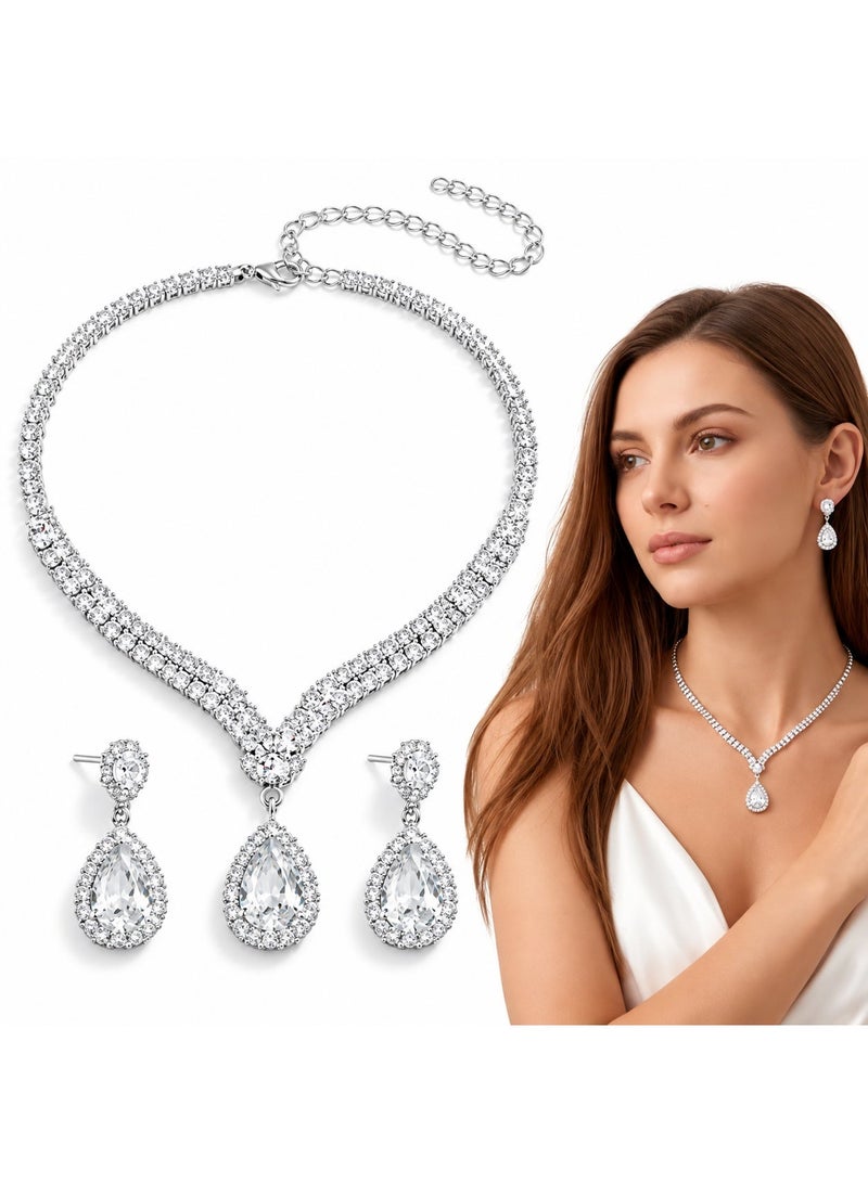 veya Women’s Silver-Tone Jewelry Set with Elegant Teardrop Design – Necklace and Earrings with Crystal-Look Details for Parties & Special Occasions - Image 1