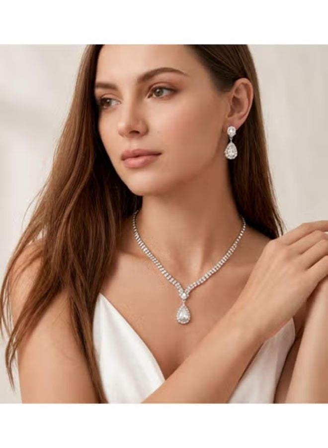 veya Women’s Silver-Tone Jewelry Set with Elegant Teardrop Design – Necklace and Earrings with Crystal-Look Details for Parties & Special Occasions - Image 2