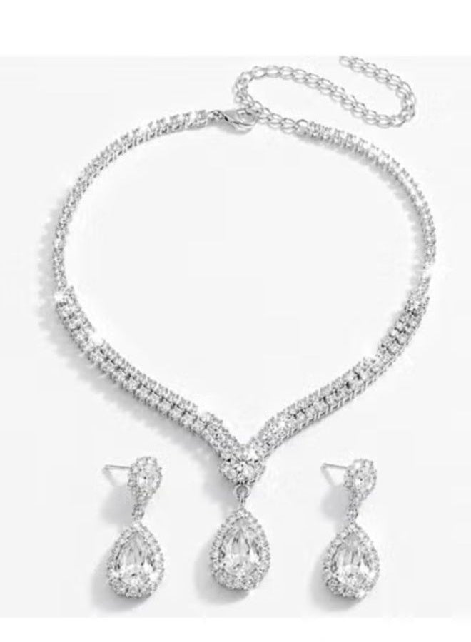 veya Women’s Silver-Tone Jewelry Set with Elegant Teardrop Design – Necklace and Earrings with Crystal-Look Details for Parties & Special Occasions - Image 3