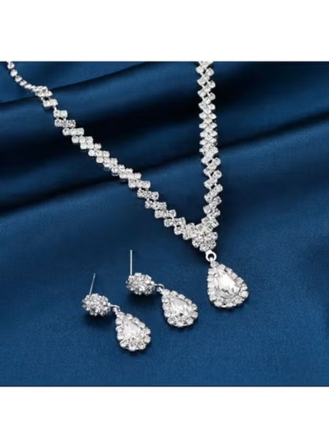 veya Women’s Silver-Tone Jewelry Set with Elegant Teardrop Design – Necklace and Earrings with Crystal-Look Details for Parties & Special Occasions - Image 4