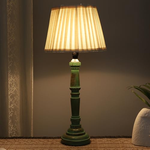 tu casa Classic European Style Wooden Stand Aqua Green Bedside Table Lamp with Off White Satin Shade for Home Decoration Bedroom Living Room Lounge Office Study Table H - 21" / No Blub - Image 1