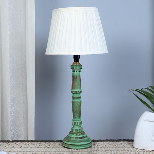 tu casa Classic European Style Wooden Stand Aqua Green Bedside Table Lamp with Off White Satin Shade for Home Decoration Bedroom Living Room Lounge Office Study Table H - 21" / No Blub - Image 2