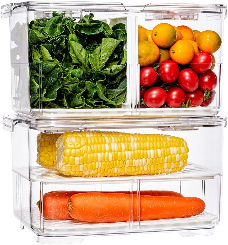 SANNO Fridge Food Storage Container Storage Containers, Produce Saver with Lids and Vents,Vegetable Fruit Storage Containers Stackable Salad Lettuce Keeper for Refrigerator，set of 2 - Image 1