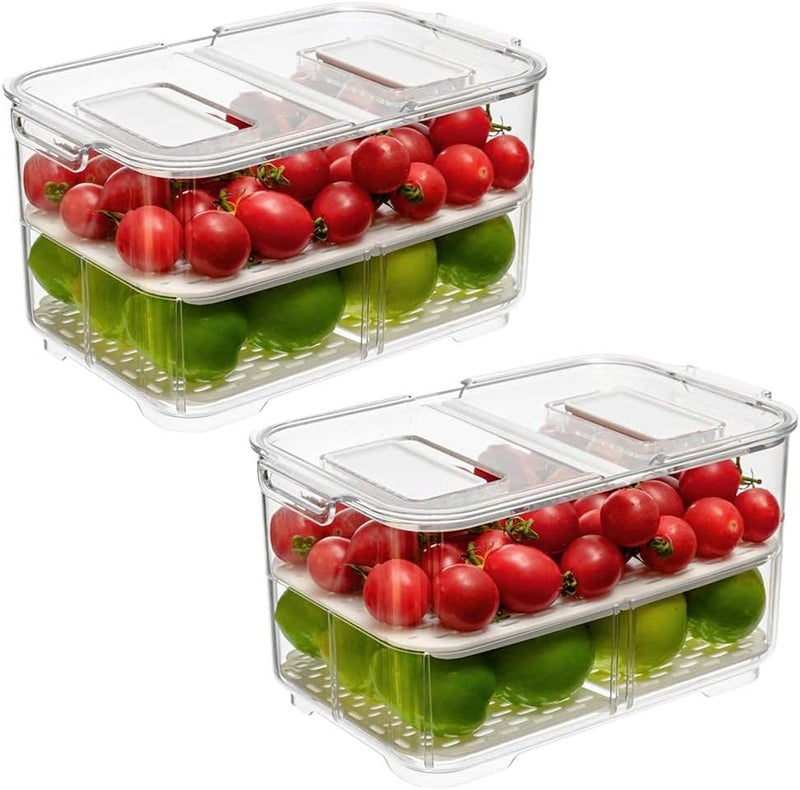 SANNO Fridge Food Storage Container Storage Containers, Produce Saver with Lids and Vents,Vegetable Fruit Storage Containers Stackable Salad Lettuce Keeper for Refrigerator，set of 2 - Image 2