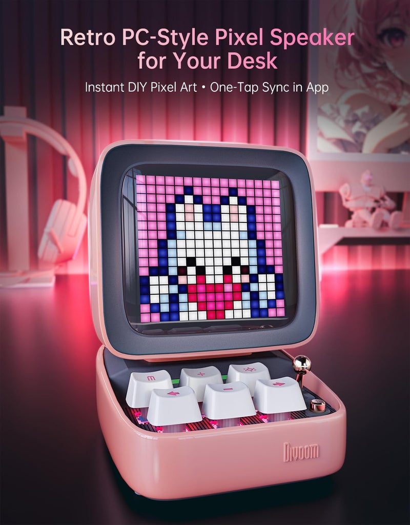 Divoom Ditoo Retro Pixel Art Game Bluetooth Speaker with 16X16 LED App Controlled Front Screen (Pink) - Image 2