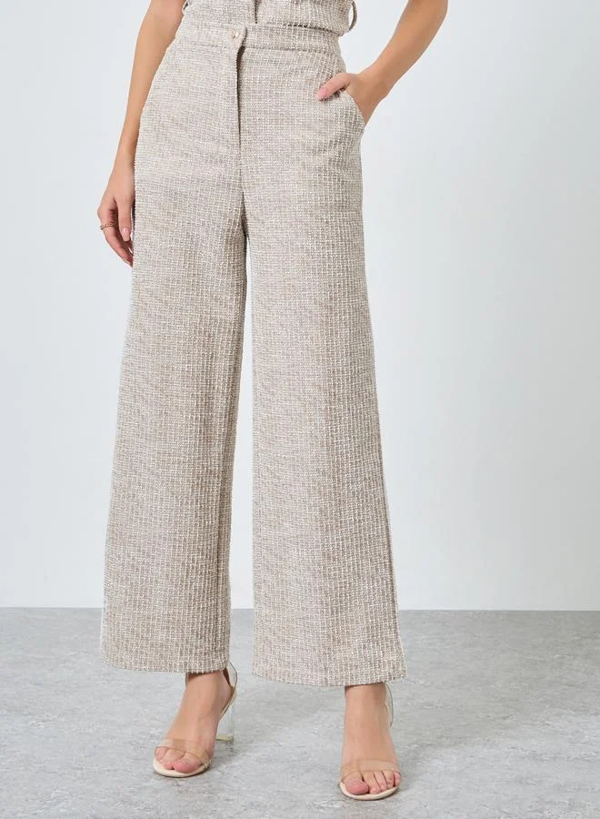 Styli Styli Women Beige Tweed Wide Leg Pants with Belt Loops