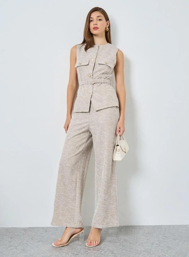 Styli Styli Women Beige Tweed Wide Leg Pants with Belt Loops