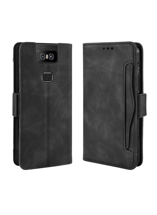 HuHa Case Cover Wallet Style Skin Feel Calf Pattern Leather Case For Asus Zenfone 6 ZS630KL,with Separate Card Slot Black 