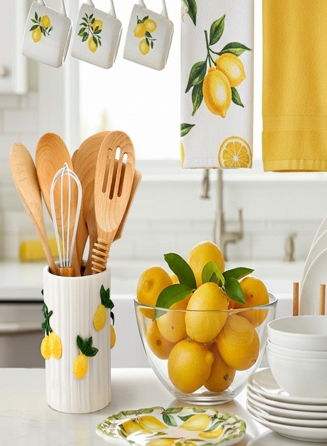 LemonRoad Lemon Kitchen Decor Ceramic Utensil Holder 3D Handmade Lemon Cooking Utensil Crock with Scalloped Edge Design Preppy Storage Caddy Organizer Vase Decor for Christmas Kitchen Countertop Gift - Image 5