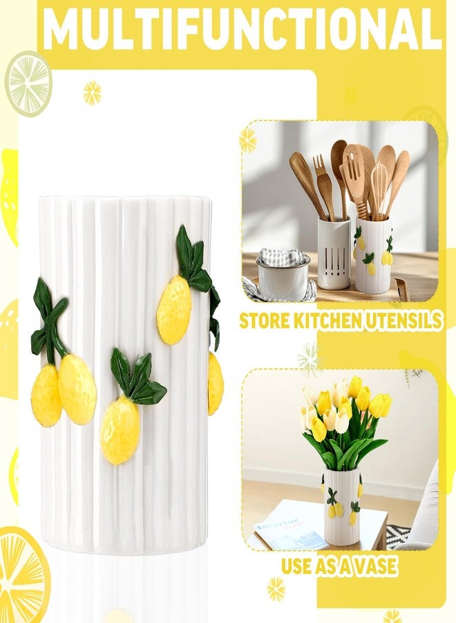 LemonRoad Lemon Kitchen Decor Ceramic Utensil Holder 3D Handmade Lemon Cooking Utensil Crock with Scalloped Edge Design Preppy Storage Caddy Organizer Vase Decor for Christmas Kitchen Countertop Gift - Image 2