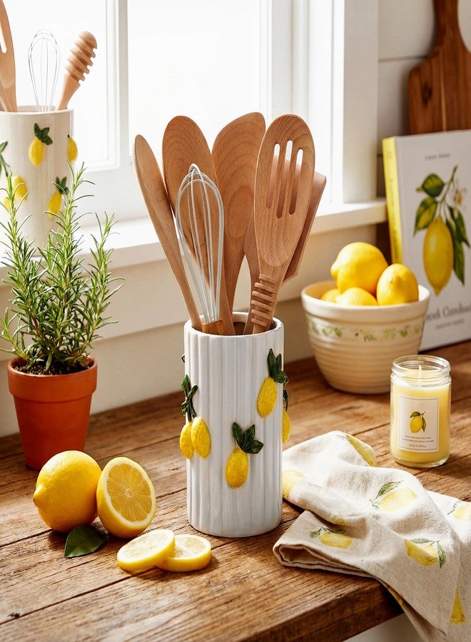 LemonRoad Lemon Kitchen Decor Ceramic Utensil Holder 3D Handmade Lemon Cooking Utensil Crock with Scalloped Edge Design Preppy Storage Caddy Organizer Vase Decor for Christmas Kitchen Countertop Gift - Image 4