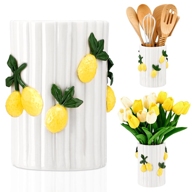 LemonRoad Lemon Kitchen Decor Ceramic Utensil Holder 3D Handmade Lemon Cooking Utensil Crock with Scalloped Edge Design Preppy Storage Caddy Organizer Vase Decor for Christmas Kitchen Countertop Gift - Image 1
