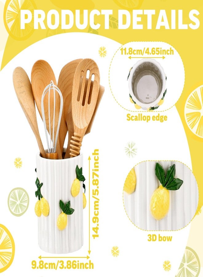 LemonRoad Lemon Kitchen Decor Ceramic Utensil Holder 3D Handmade Lemon Cooking Utensil Crock with Scalloped Edge Design Preppy Storage Caddy Organizer Vase Decor for Christmas Kitchen Countertop Gift - Image 3
