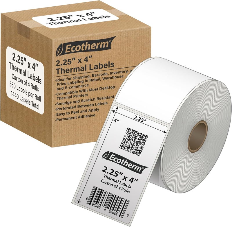 Ecotherm 2.25" x 4" Thermal Labels | 4 Rolls | 1440 Labels | fits Zebra, Munbyn, Rollo, Godex, Arkscan, iDPRT, Offnova Thermal Label Printers and More | Blank White Adhesive Stickers by - Image 1