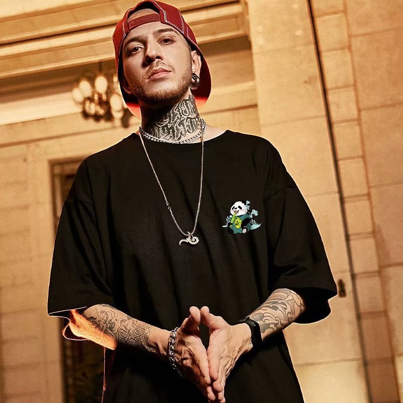 Summer 2021 national fashion panda printed short sleeve T-shirt men's new fashion brand High Street OVERSIZE couple half sleeve - Image 5