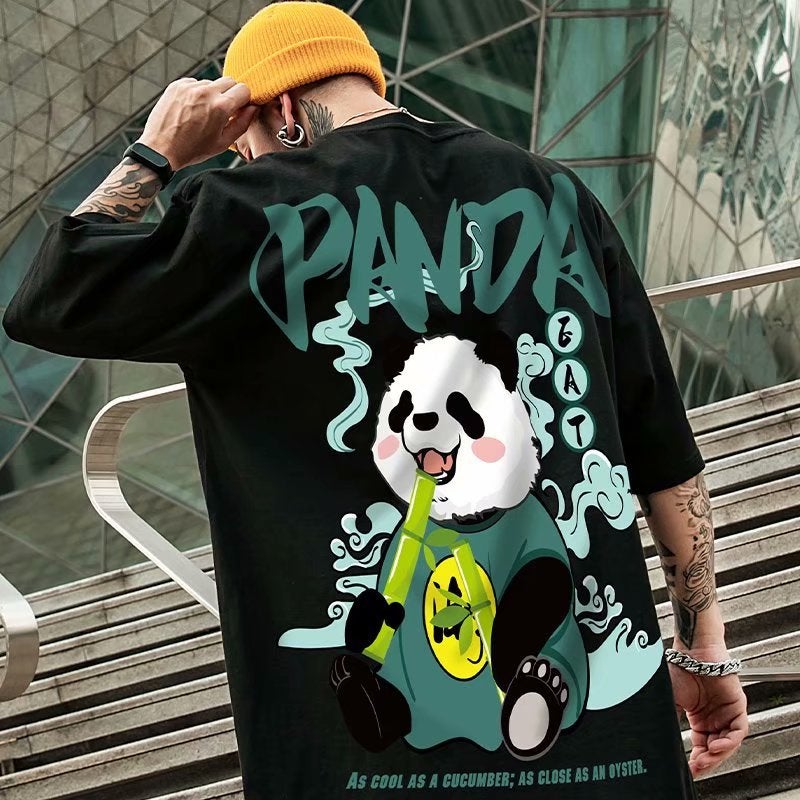 Summer 2021 national fashion panda printed short sleeve T-shirt men's new fashion brand High Street OVERSIZE couple half sleeve - Image 1