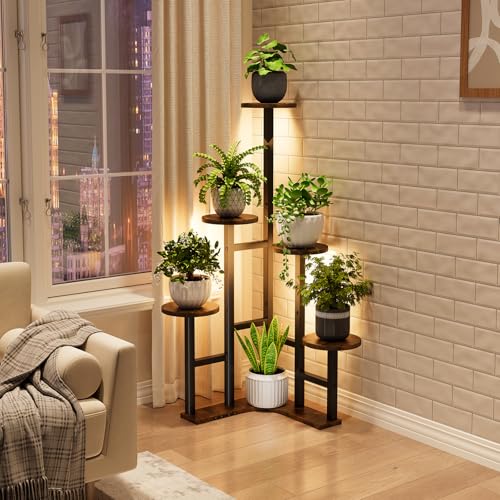 Yzosvki Corner Plant Stand Indoor with Grow Lights, 6 Tiered Corner Plant Shelf Flower Stand for Multiple Plants, Plant Shelves Organizer Rack for Living Room, Balcony, Patio, Round Rustic Brown - Image 2
