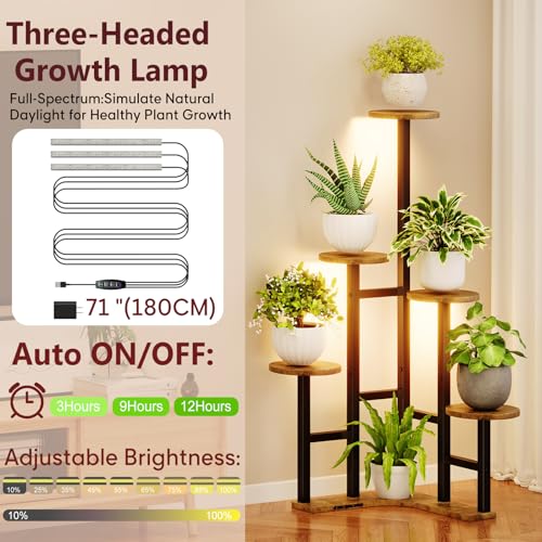 Yzosvki Corner Plant Stand Indoor with Grow Lights, 6 Tiered Corner Plant Shelf Flower Stand for Multiple Plants, Plant Shelves Organizer Rack for Living Room, Balcony, Patio, Round Rustic Brown - Image 4