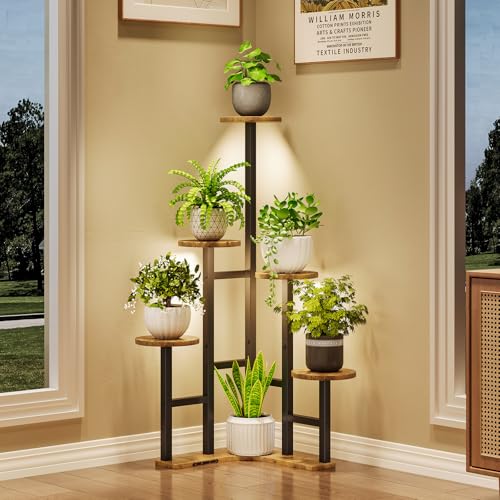 Yzosvki Corner Plant Stand Indoor with Grow Lights, 6 Tiered Corner Plant Shelf Flower Stand for Multiple Plants, Plant Shelves Organizer Rack for Living Room, Balcony, Patio, Round Rustic Brown - Image 1
