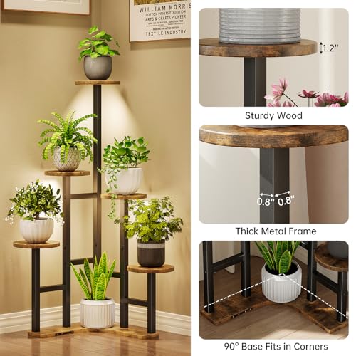 Yzosvki Corner Plant Stand Indoor with Grow Lights, 6 Tiered Corner Plant Shelf Flower Stand for Multiple Plants, Plant Shelves Organizer Rack for Living Room, Balcony, Patio, Round Rustic Brown - Image 5