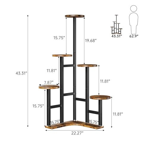 Yzosvki Corner Plant Stand Indoor with Grow Lights, 6 Tiered Corner Plant Shelf Flower Stand for Multiple Plants, Plant Shelves Organizer Rack for Living Room, Balcony, Patio, Round Rustic Brown - Image 3