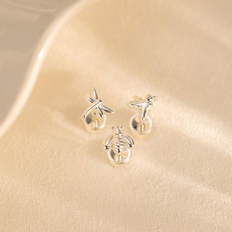 VRIUA Hypoallergenic Flat Back Earrings for Women - Small Silver Hummingbird Bee Dragonfly Flat Back Stud Earrings Cartilage Helix Piercing Jewelry - Image 5