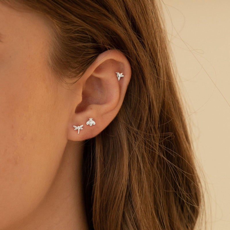 VRIUA Hypoallergenic Flat Back Earrings for Women - Small Silver Hummingbird Bee Dragonfly Flat Back Stud Earrings Cartilage Helix Piercing Jewelry - Image 2