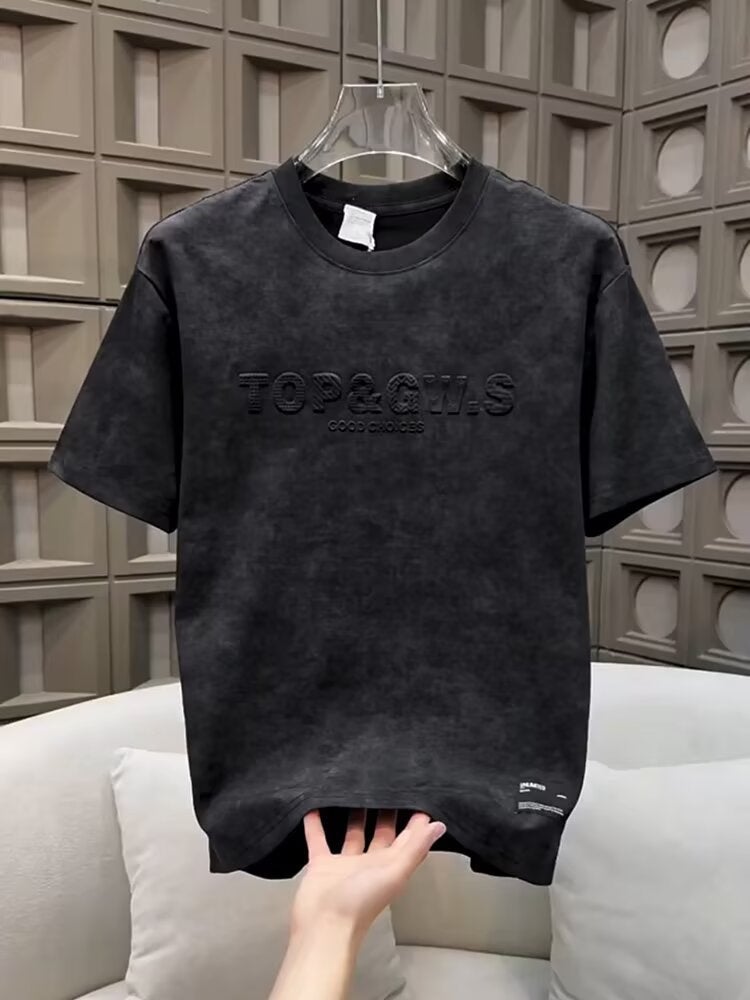 Thin Tie-Dye Distressed Short-Sleeved T-Shirt Men'S Concave And Convex Steel-Printed Half-Sleeved Loose Casual T-Shirt For Men - Image 1