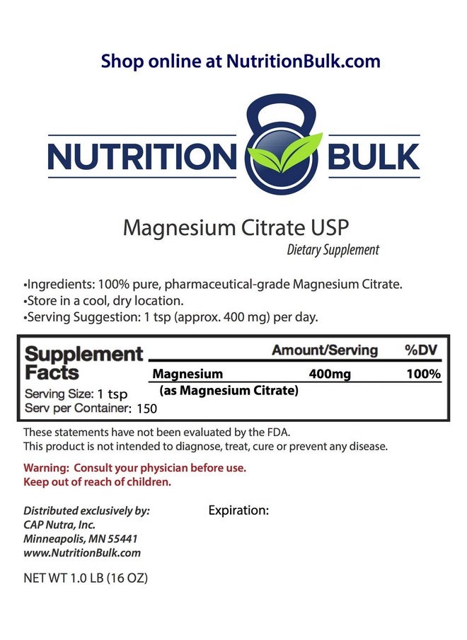 Nutrition Bulk Magnesium Citrate Powder USP - NutritionBulk.com, Non-GMO, Vegan, Gluten-Free, Soy-Free, Keto, No Fillers, Laxative, Relax (16 oz)  - Image 2