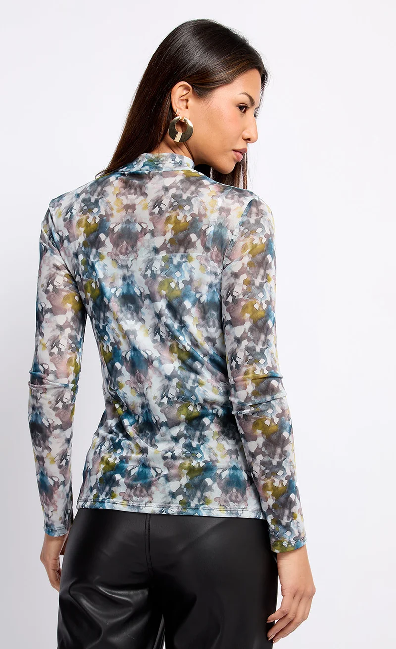 Little Mistress Printed Mesh Draped Top