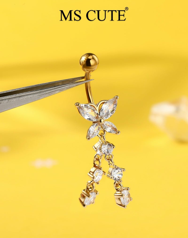 MS CUTE 5PCS Gold Belly Button Rings Set, 14G CZ Dangle Navel Piercing Jewelry with Butterfly Flower & Teardrop Designs, Stainless Steel Belly Rings for Everyday Style - Image 3