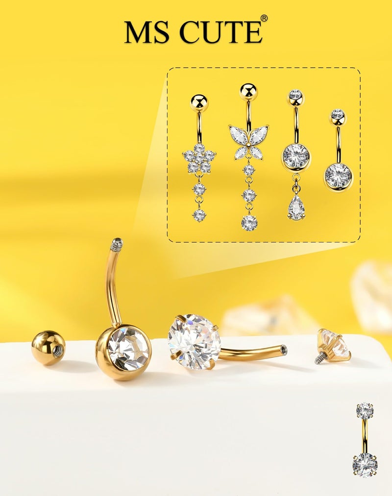 MS CUTE 5PCS Gold Belly Button Rings Set, 14G CZ Dangle Navel Piercing Jewelry with Butterfly Flower & Teardrop Designs, Stainless Steel Belly Rings for Everyday Style - Image 5