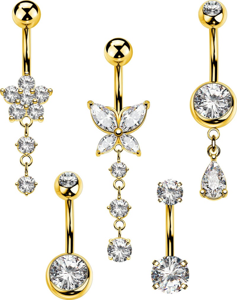 MS CUTE 5PCS Gold Belly Button Rings Set, 14G CZ Dangle Navel Piercing Jewelry with Butterfly Flower & Teardrop Designs, Stainless Steel Belly Rings for Everyday Style - Image 1
