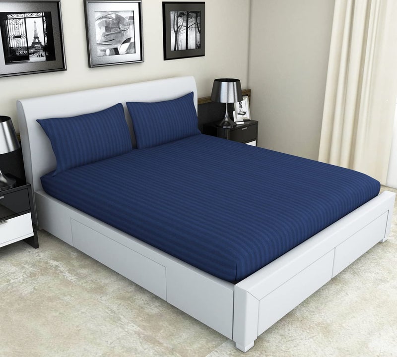 Nendle Elastic Fitted Cotton 210TC Double Bedsheets King Size 78x72 Inches with 2 Pillow Covers (Fits Upto Mattress of 12 Inches, Blue) - Image 1