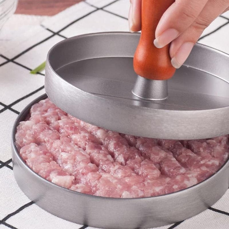 Aluminum Round Non Stick Burger Press With Wooden Handle For Beef And Chicken Burgers - Silver Brown - Image 3