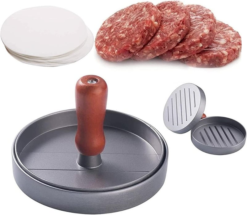 Aluminum Round Non Stick Burger Press With Wooden Handle For Beef And Chicken Burgers - Silver Brown - Image 1