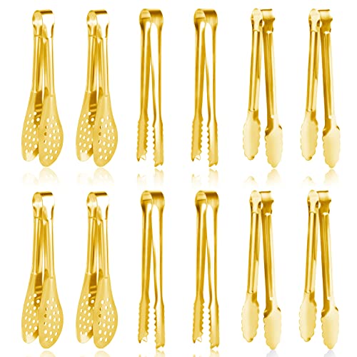 Dmoera 12 Pack Gold Premium Small Serving Tongs Dmoera Mini Stainless Steel Appetizer Tongs 5 Inch127cm
