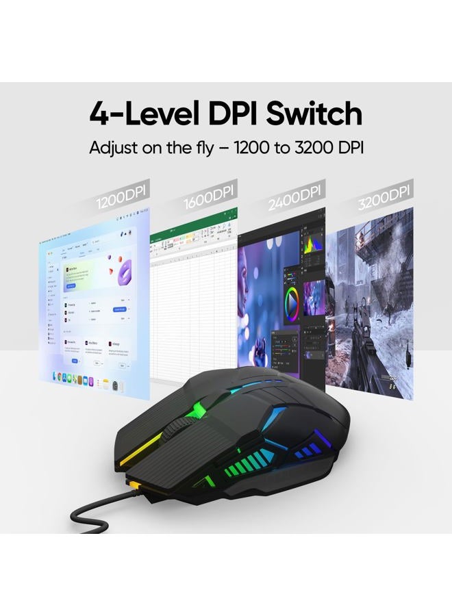 MELOGAGA Wired Gaming Mouse - Lightweight USB Optical Computer Mice with 7-Color RGB LED Lights, 4 Adjustable DPI (1200-3200), 6 Buttons, Ergonomic Design for Windows 7/8/10/XP/Vista & Linux (Black) - Image 3