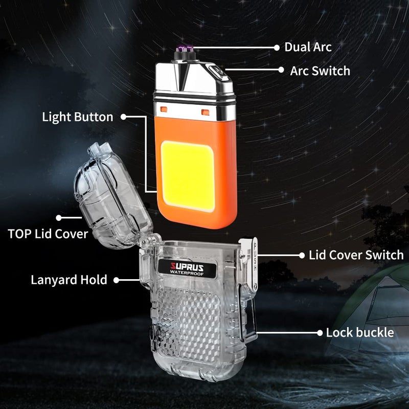 Suprus Waterproof 3 Modes Of Flashlight Windproof Lighter Dual Arc Electric Rechargeable Dual Arc Plasma Lighter With Survival Emergency Whistle And Lanyard (Orange) - Image 2