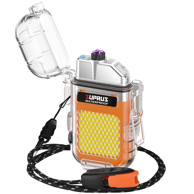 Suprus Waterproof 3 Modes Of Flashlight Windproof Lighter Dual Arc Electric Rechargeable Dual Arc Plasma Lighter With Survival Emergency Whistle And Lanyard (Orange) - Image 1