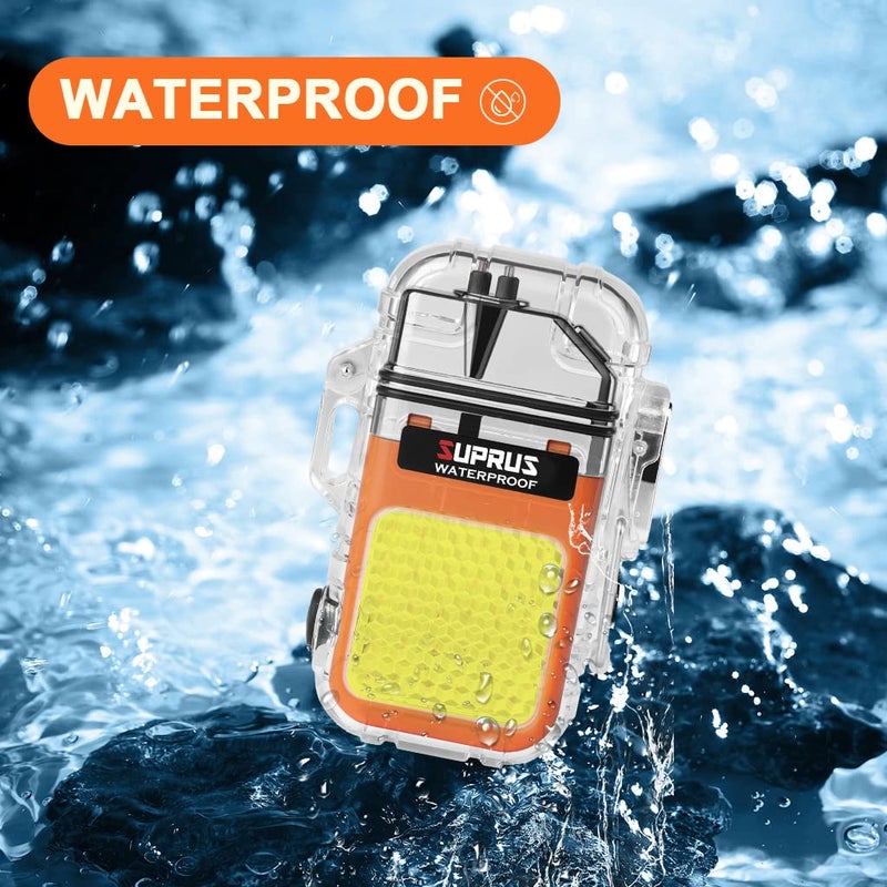 Suprus Waterproof 3 Modes Of Flashlight Windproof Lighter Dual Arc Electric Rechargeable Dual Arc Plasma Lighter With Survival Emergency Whistle And Lanyard (Orange) - Image 4