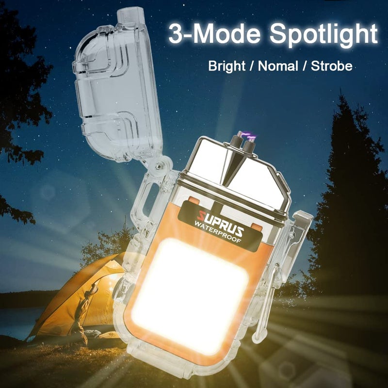 Suprus Waterproof 3 Modes Of Flashlight Windproof Lighter Dual Arc Electric Rechargeable Dual Arc Plasma Lighter With Survival Emergency Whistle And Lanyard (Orange) - Image 3
